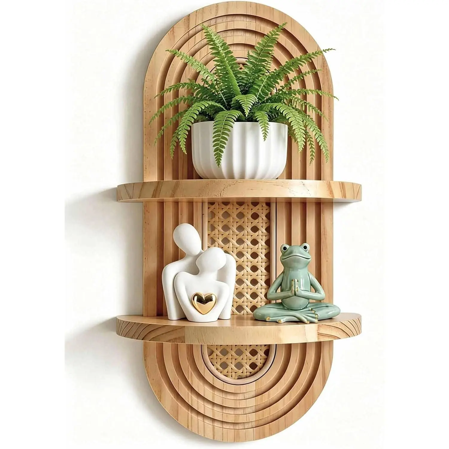 Natural 2-Tier Boho Weave Rattan Floating Wooden Shelf - Compact Wall Mount, Heavy-Duty Mid-Century Modern Home Decor, Easy Assembly for Living Room, Bedroom, Ideal for Small Planters & Accents, Decorative Hanging Floating Shelves