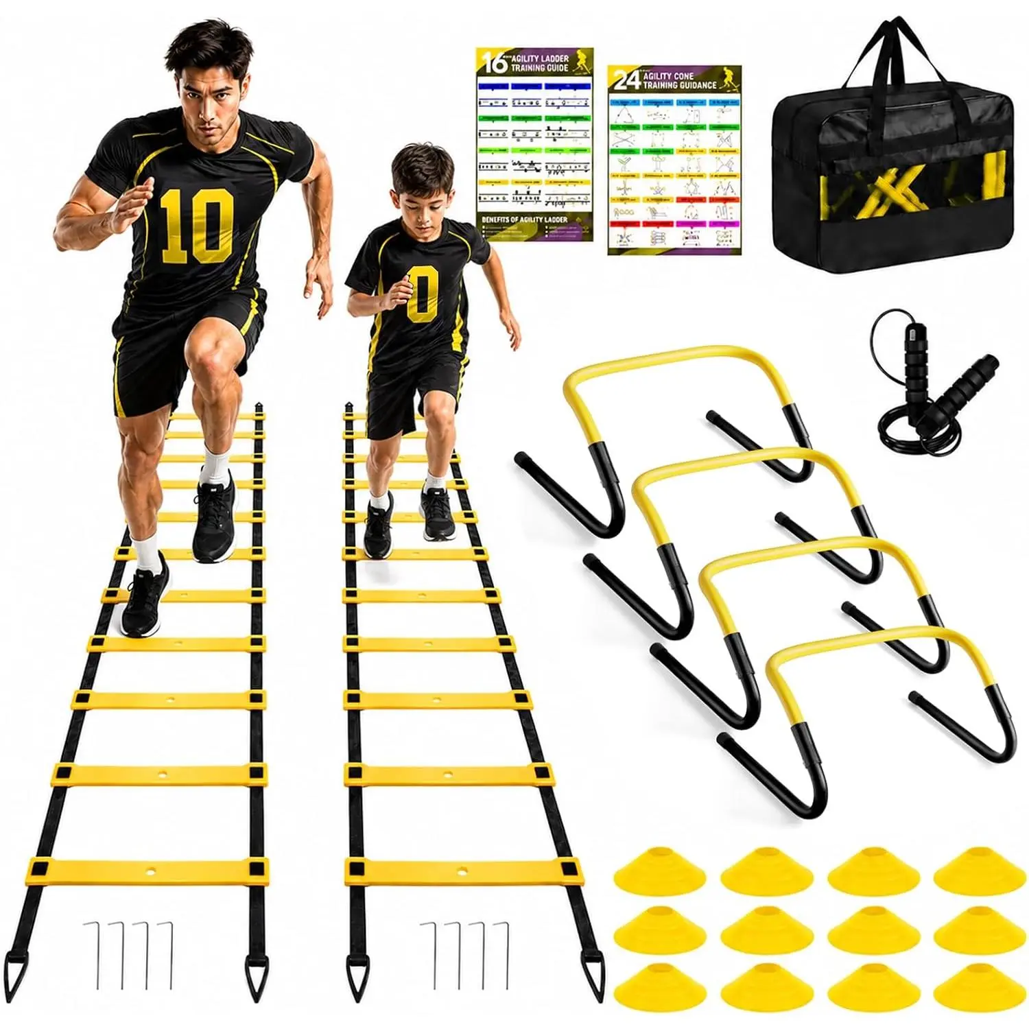 2 Pack Agility Ladder, Soccer Speed Training Equipment Set |   Total 26 ft Agility Ladder, 12 Cones, 4 Adjustable Hurdles, Jump Rope, for Soccer, Basketball, Football, Kids, Youth, Adults