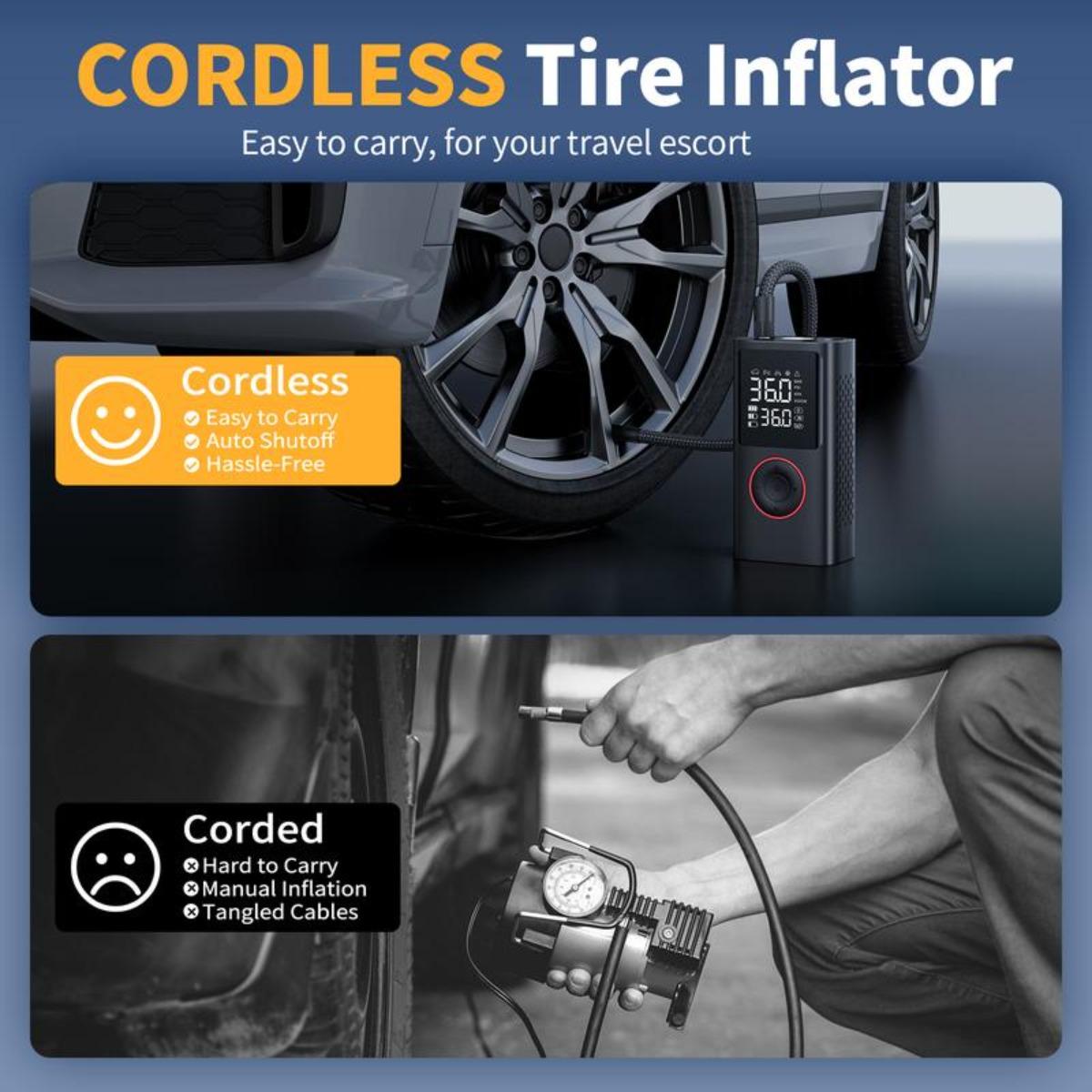 Cordless Tire Inflator Portable Air Compressor with Large Capacity Battery Wireless Digital Display Enhanced Safety Features for Cars & Inflatables Reusable