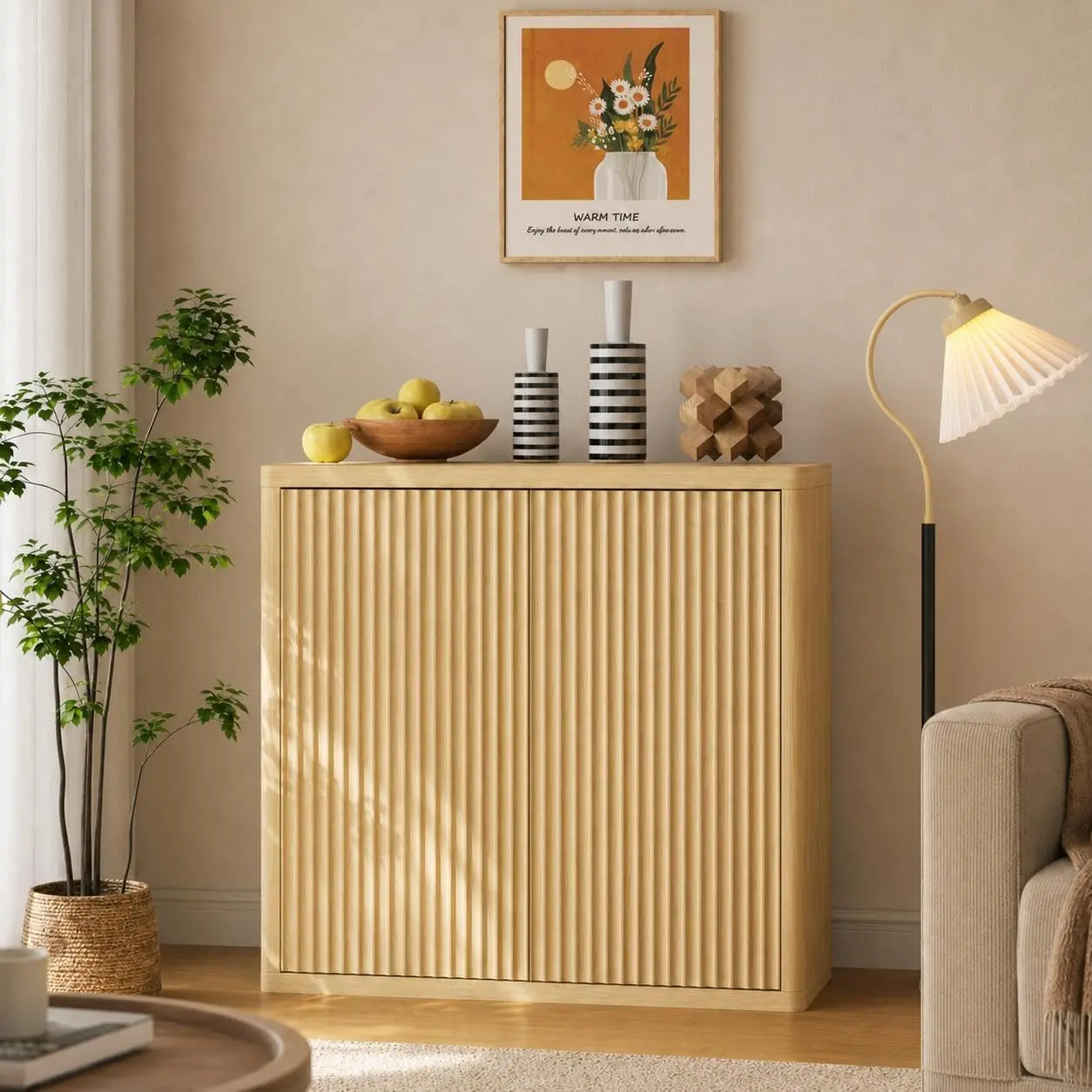 【GARVEE】34.6 in Modern Buffet Cabinet - 3-Tier Sideboard with Double Fluted Doors and Adjustable Shelves - Coffee Bar Table for Kitchen, Dining Room