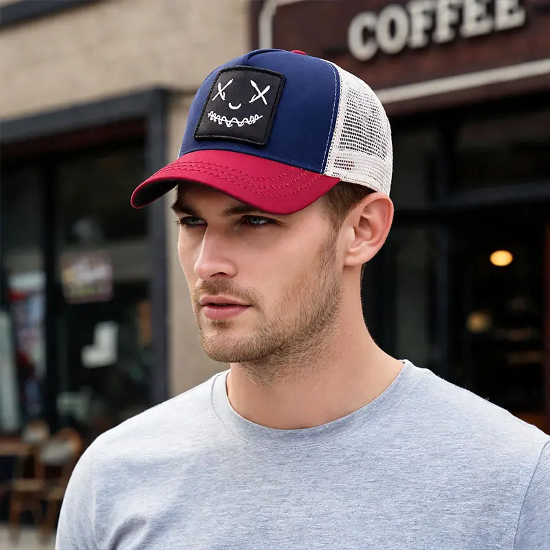 Streetwear Trucker Hat with X-Eye Stitch Smile Patch, Breathable Hip Hop Style Mesh Cap, Adjustable Snapback, Engagement, Anniversary, Memorial Day, Reinforced Patch, Edgy Embroidery, Adjustable Trucker Hat, Graphic Hat