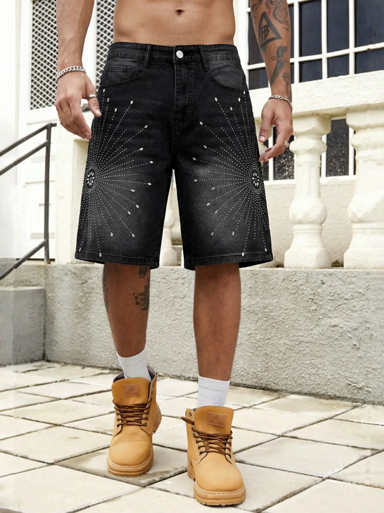Men's Retro Classic American Casual Trendy Streetwear Loose Denim Jeans Shorts, Street Casual Fit, Sparkle Rhinestone Design, Fashionable Versatile High-Street Five-Pocket Pants
