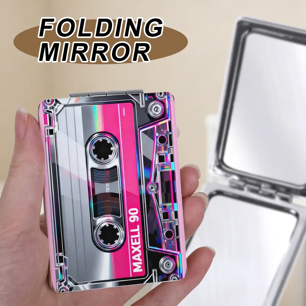 1Pc 1X/2X Magnifying Portable Folding Compact Mirror, Foldable Mirror, Retro 80s Holographic Cassette Tape Y2K Aesthetic Makeup Mirror, Compact Mirror for Purse Travel Daily Touch Up, Y2K Retro Style Gift for Women Girls