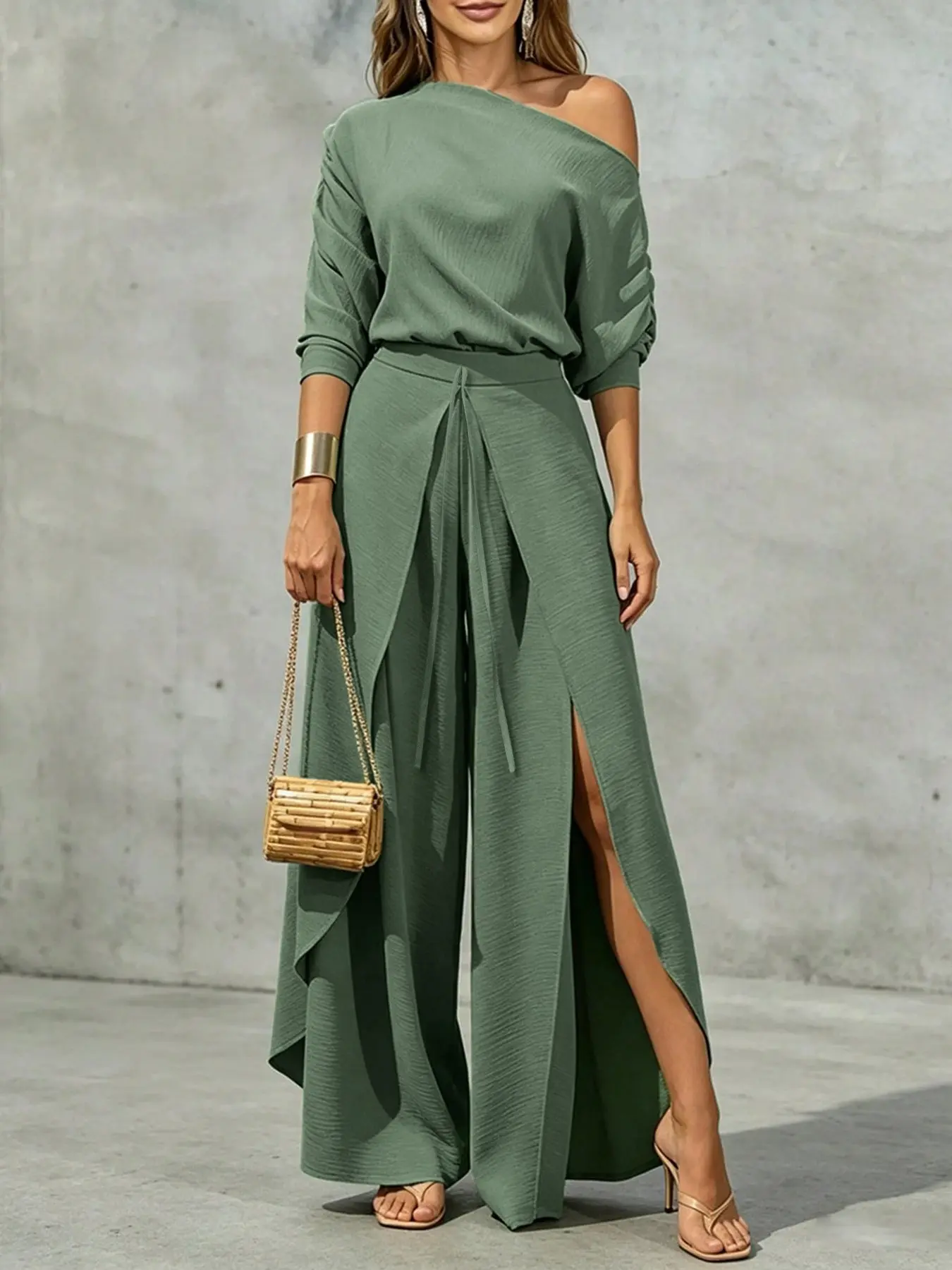 Women 2 Piece Matching Outfit One Shoulder Long Sleeve Loose Top Split Wide Leg Pants Set Elegant Casual Holiday Daily Wear Off Shoulder Wrap High Waist Flowy Trousers Co-Ord Set For Dating Wedding Guest Party Clothes