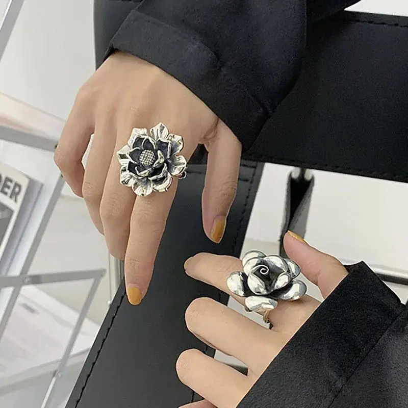 925 Sterling Silver Exaggerated Flower Engagement Ring, Vintage Punk Statement Silver Ring Party Wedding Jewelry Gift for Women