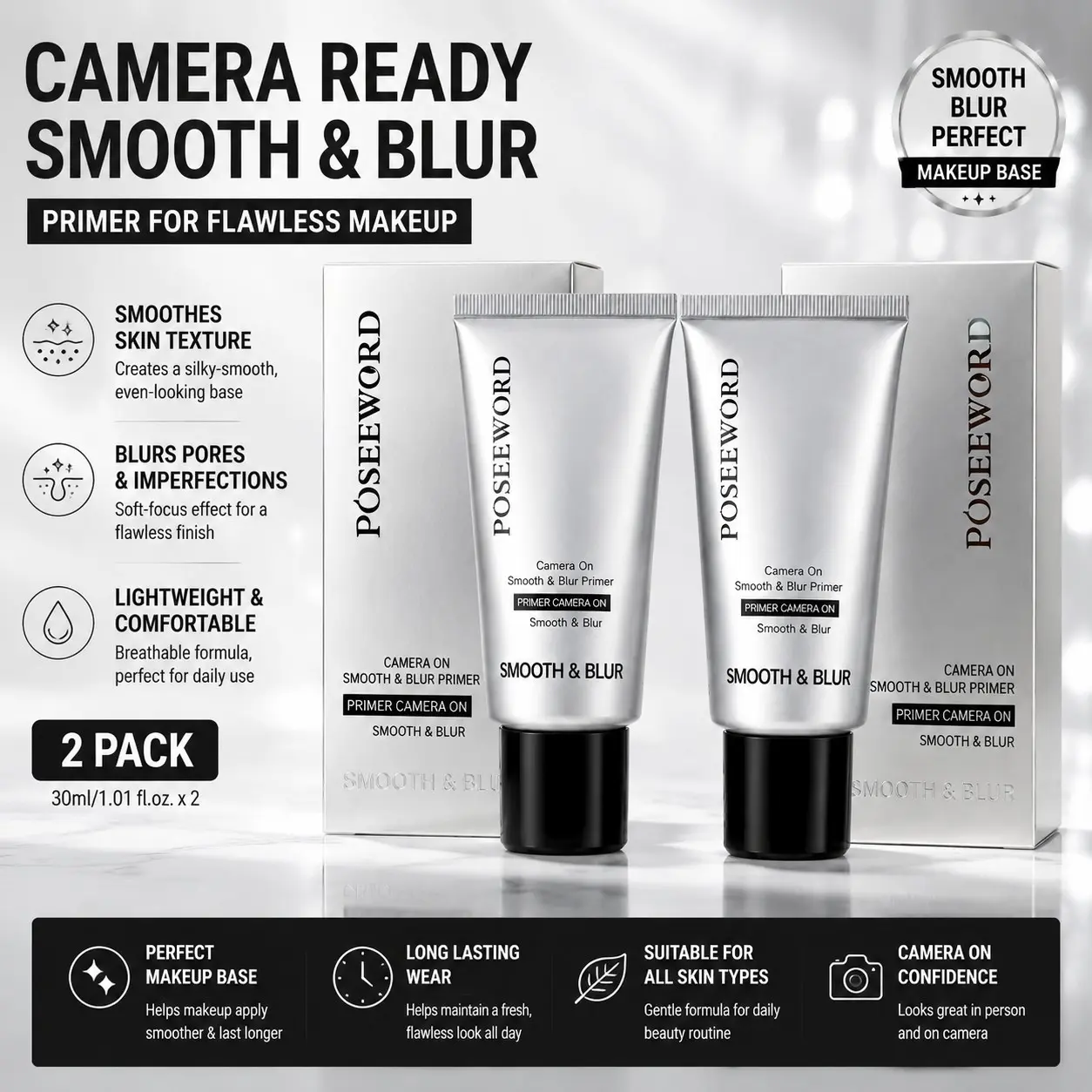 2-Pack 35ML Poseeword Smooth & Blur Primer, Lightweight Makeup Base for Smoother Looking Skin, Blurring Facial Primer for Daily Makeup Routine, Natural Finish Cosmetic Primer Suitable for All Skin Types