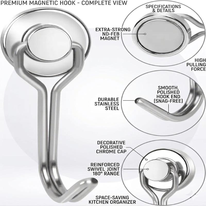 Swivel Magnetic Hooks 8/16 Pack 30LBS Strong Neodymium Hooks for Cruise Cabin Door Fridge Kitchen Metal Surfaces Rotary Vertical Suspension Organizer