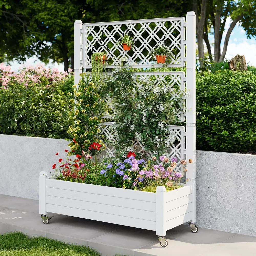 [4 Universal Casters] 61.2"H Freestanding Garden Trellis & Horticulture Planter Box with Drainage Holes, Ideal for Climbing Vine Plants Outdoor/Indoor Use, Balcony, Patio, Courtyard, Yard Elevated Raised Flower Bed, Planting Box.Summervibes