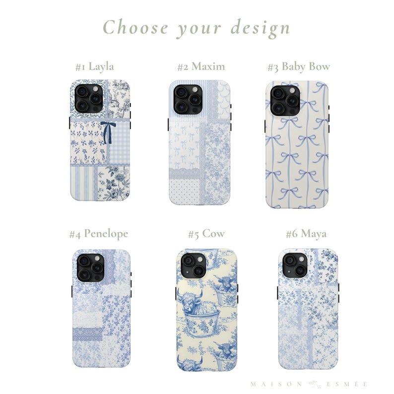 Pastel Blue Patchwork iPhone Case Collection - Toile, Bow, Cow Print, Floral & Lace Aesthetic - Slim, Durable Cover for iPhone  17 Pro Max Plus Air/16/15/14/13/12/11/X and other series models. Can be given as a holiday gift to friends or family.