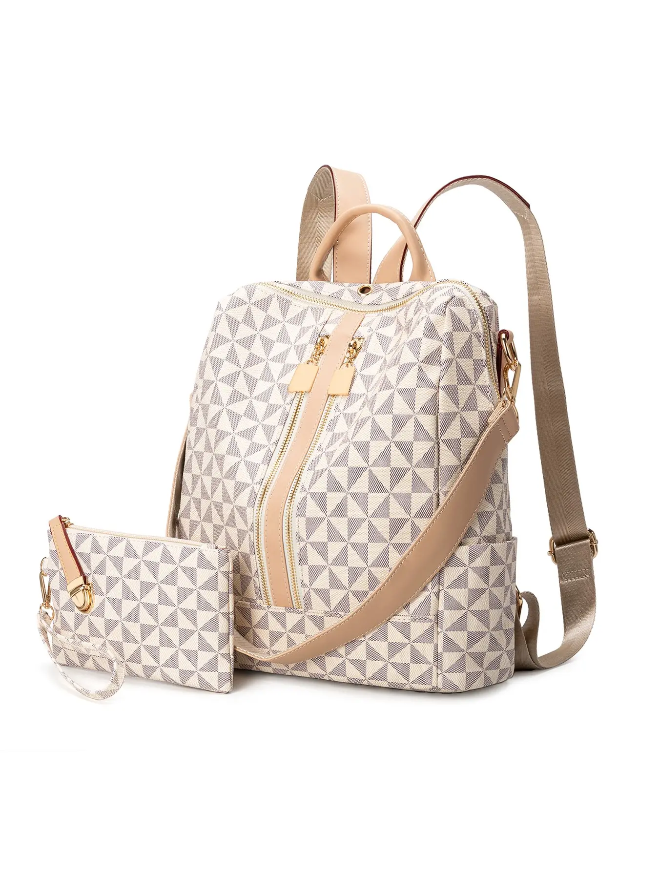 Women's Fashionable Geometric Pattern Backpack & Wristlet Set, Vintage Trendy Casual Large Capacity Zipper Backpack & Wristlet, Multifunctional Bag Set for Daily Use