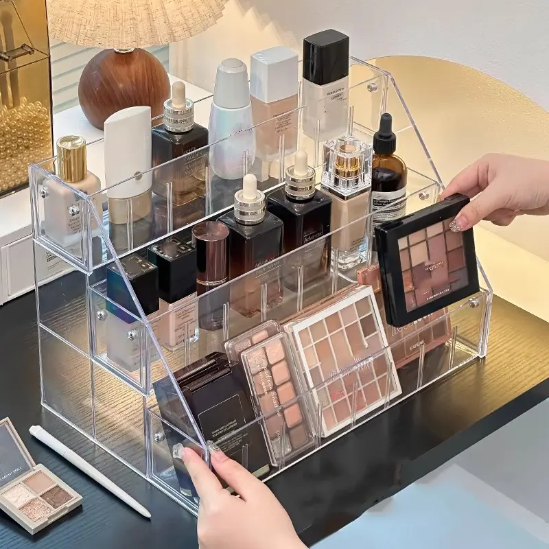 Staircase Cosmetic Organizer Rack, Desktop Layered Lipstick Perfume Holder, Eyeshadow Palette Storage Box, Makeup Display Shelf
