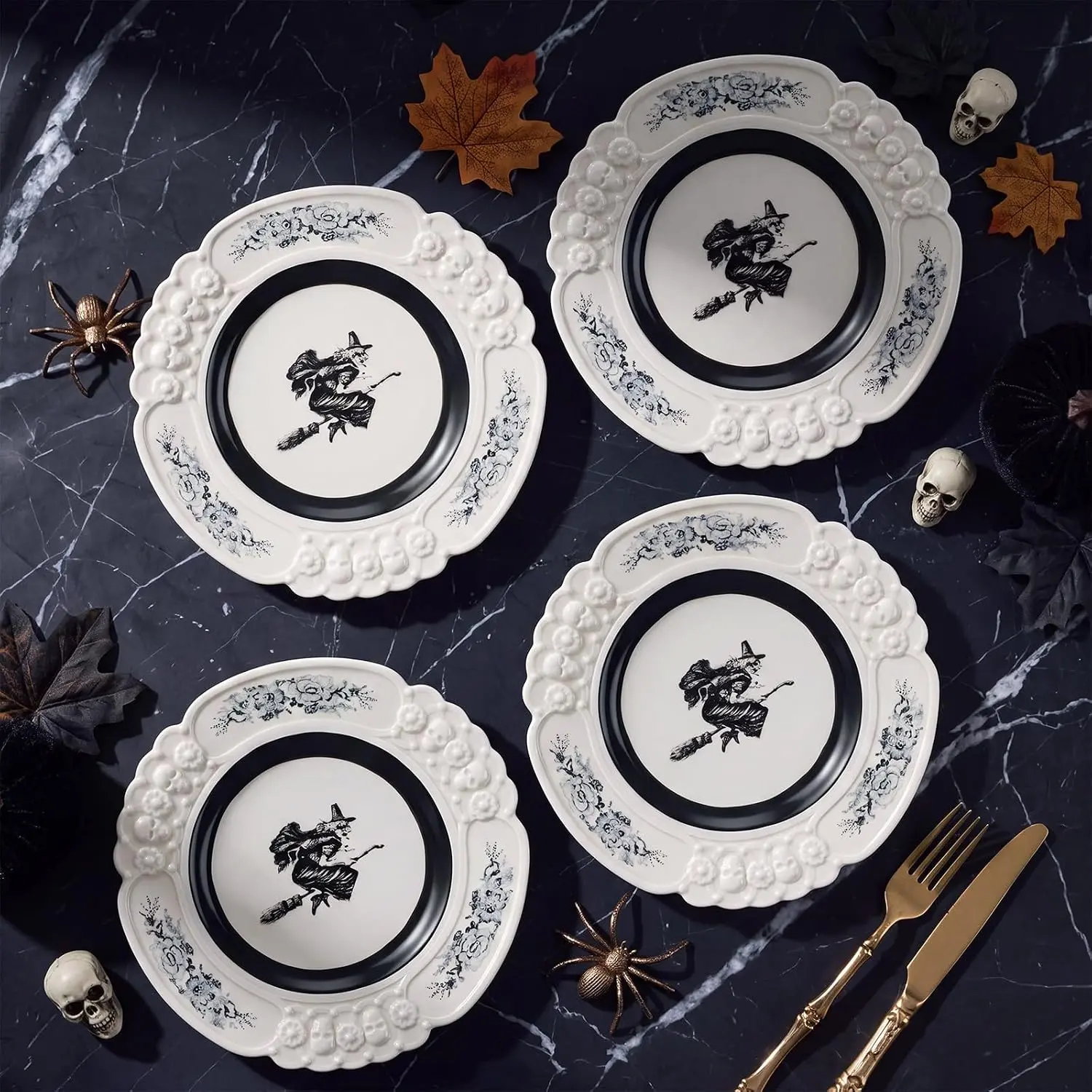 4 count  Halloween  Dinnerware Set, 8.74 Inch  Ceramic Plates for Salad, Dessert Platters, Halloween Party Serving Dishes and Spooky Kitchen Decorations