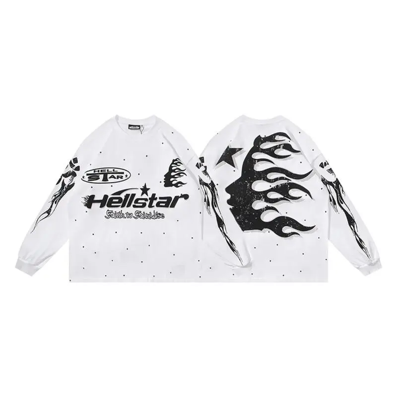 HellStar Men Vintage Acid Washed Long Sleeve Tee Oversized Retro Graphic Print Crewneck T-Shirt, Y2K Hip Hop Gothic Streetwear Casual Tops for Men Teens, Music Festival, Concert, Skate Punk, Daily Street & Outdoor Outfit
