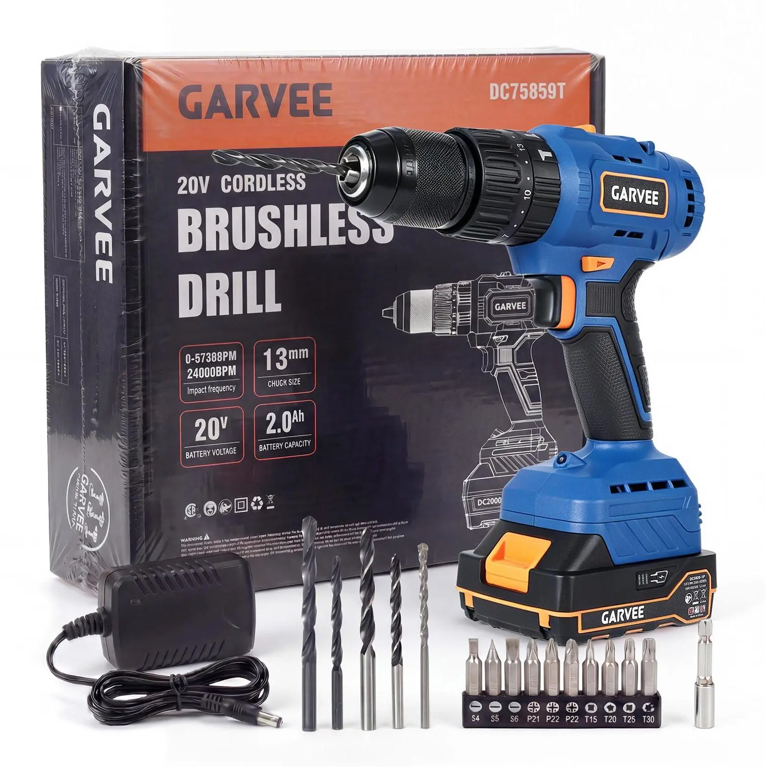 GARVEE 18V Brushless Cordless Drill/Driver Kit, 60 N·m High Torque, 20+1+1 Torque Settings, 2-Speed Control, 1/2-Inch Keyless Chuck, LED Work Light, 2 x 2.0Ah Batteries, Fast Charger & 20-Piece Accessory Set