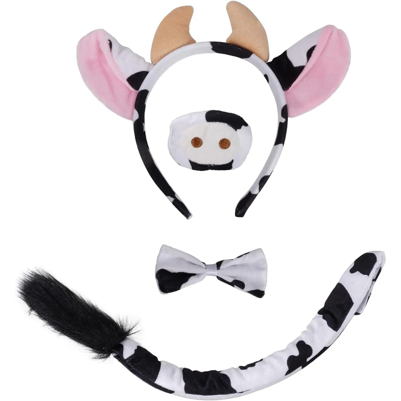 Jmkcoz 4 Pieces Animal Cow Costume Set Cow Ears Headband Tail Nose Bowtie for Halloween Dress Up Cosplay Party