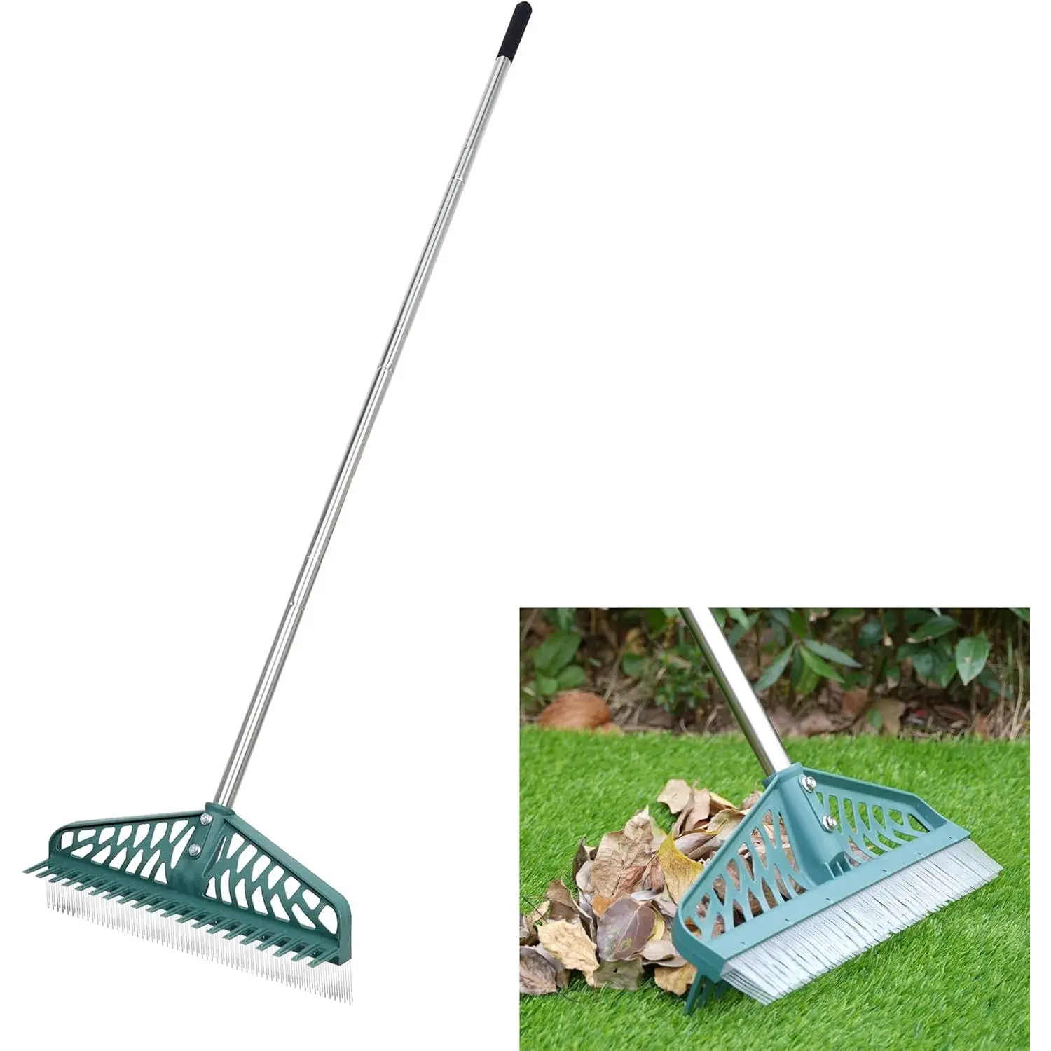 Double Sided PA+Stainless Artificial Grass Rake - Plastic Synthetic Turf Rake with 33-in to 61-in Extendable Handle, Gardening Tool for Leaf Removal, Turf Fluffing