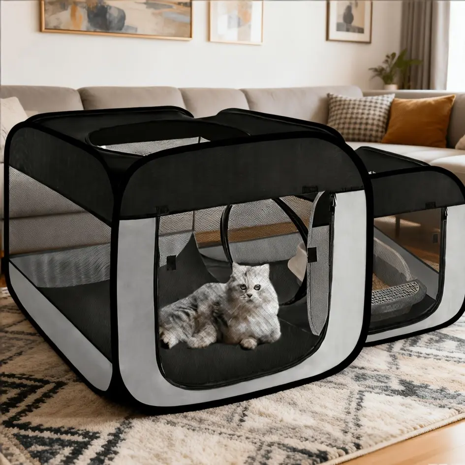 2-In-1 Large Pop Up Dog Playpen, Cat Puppy Pet Playpen, Portable Outdoor & Indoor Cat Enclosure, Separated Areas for Pets