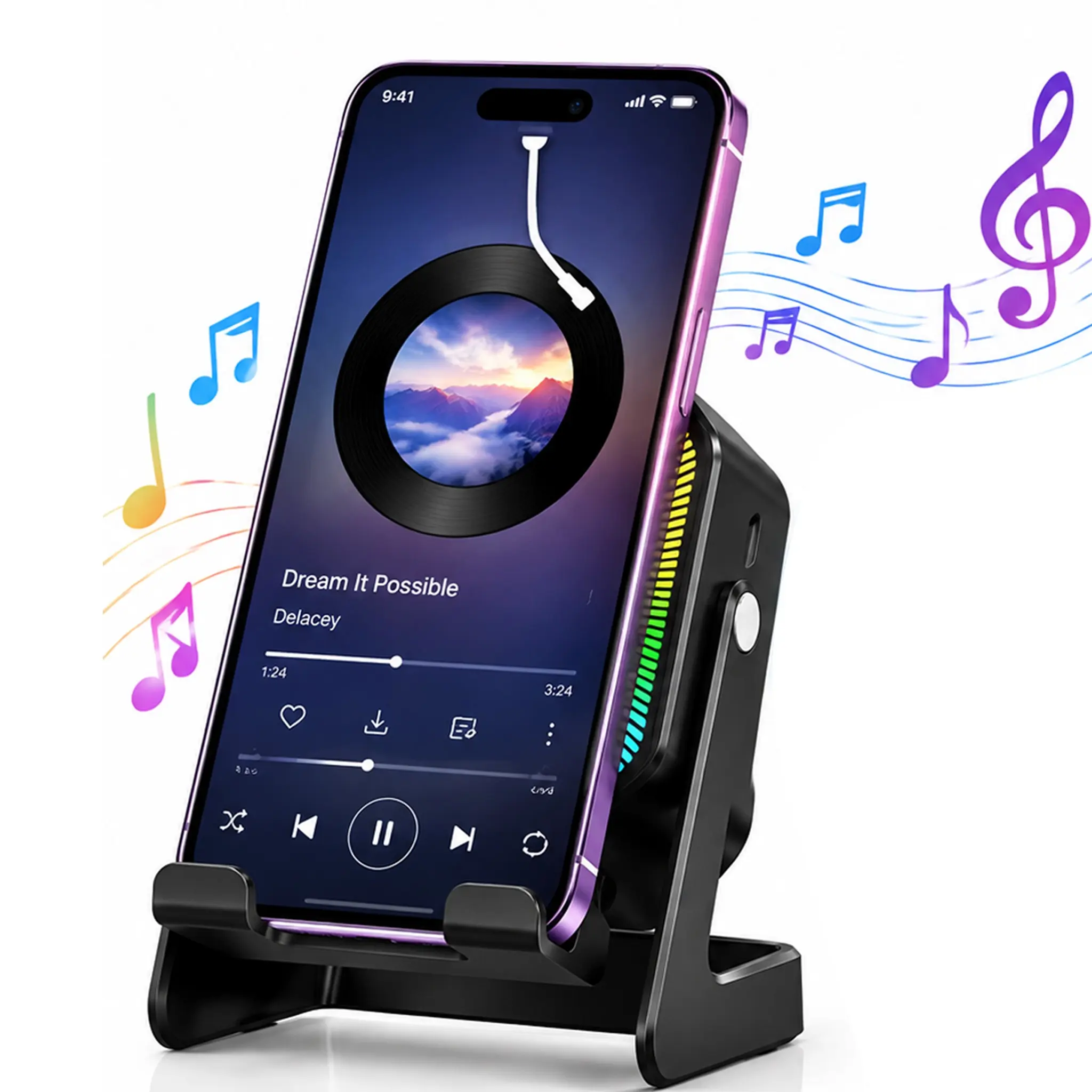 Wireless Induction Speaker with Phone Stand, Portable Rechargeable Speaker, 4-in-1 Bluetooth-compatible Speaker Stereo Sound, 1500mAh Rechargeable, 6 RGB Light, 360° Adjustable Holder for iPhone/Android/iPad, Gifts for Men Women