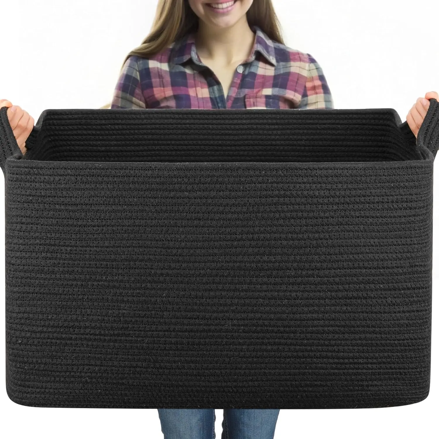 95L Extra Large Woven Blanket Basket, 24 x 16.9 x 14.2 Inches, Rectangle Storage Basket for Living Room and Nursery - Ideal for Toys, Towels, Dirty Clothes, Black