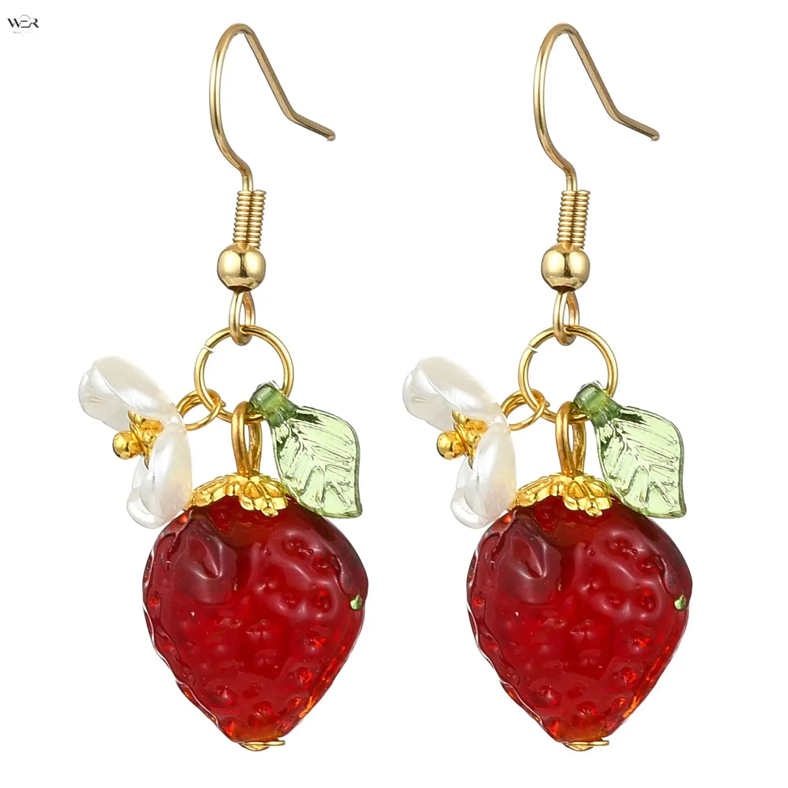 Cute Glass Strawberry Dangle Earrings 42.5mm Total Length 13.5mm Hook Width, Gold Fish Hook Earrings with White Flower Green Leaf Accent, Sweet Fruit Drop Jewelry for Daily Vacation Dating Look