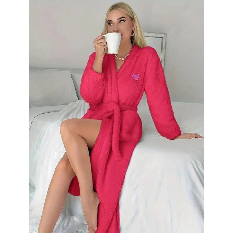 Women's Coral Fleece Long Robe, Thickened Winter Sleepwear, Heart Embroidery Bathrobe, Casual Home Wear, Dopa Color Series