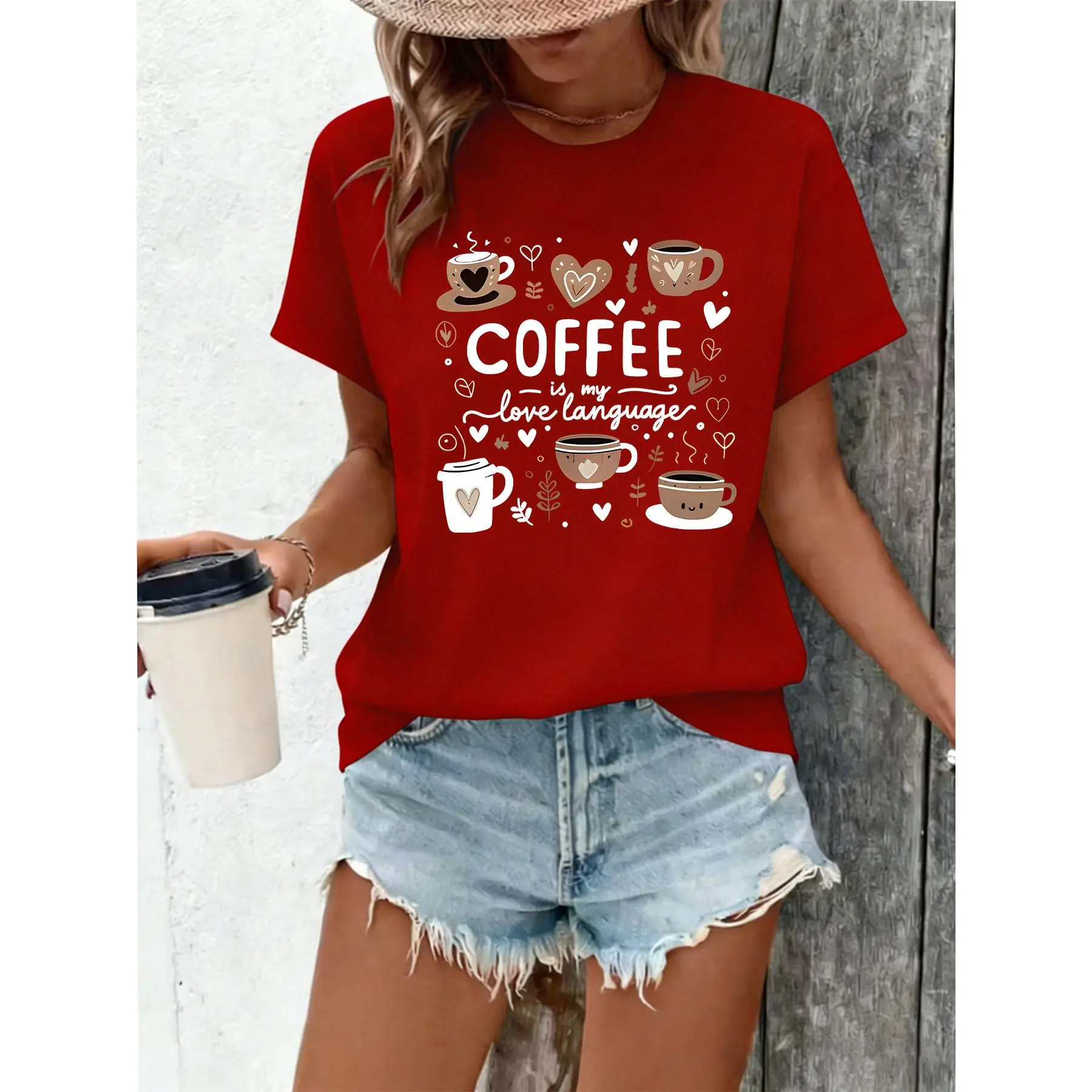100% Cotton Women Round Neck Short Sleeve T-Shirt, Cute Coffee Cup Heart Slogan Front Print Red Loose Casual Tee, Coffee Lover Soft Breathable Summer Daily Wear Top Gift
