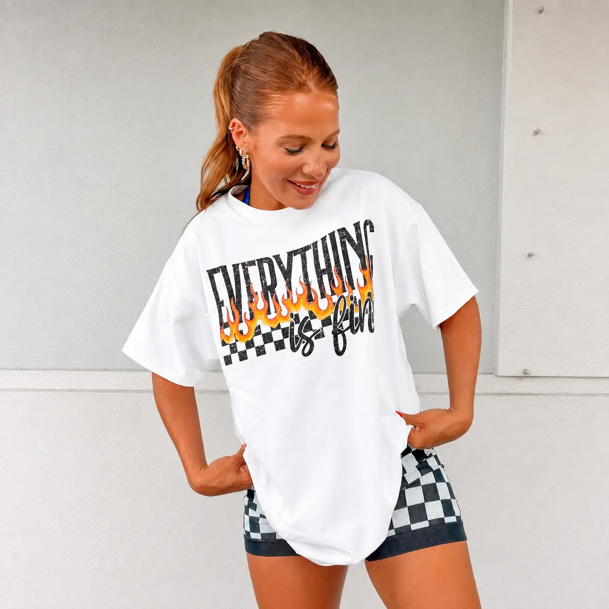 Everything Is Fine Distressed Checkerboard Flame Graphic T Shirt Women Oversized Cotton Short Sleeve Y2K Trendy Casual Streetwear Top