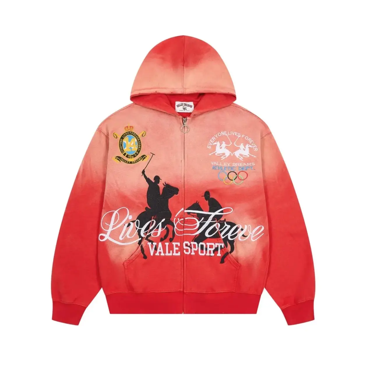 VALE Forever Blackrock Polo Graphic Zip Up Hoodie, Washed Embroidered Cotton Sweatshirt, Distressed Vintage Y2K Streetwear Jacket, Oversized Hip Hop Casual Hoodie