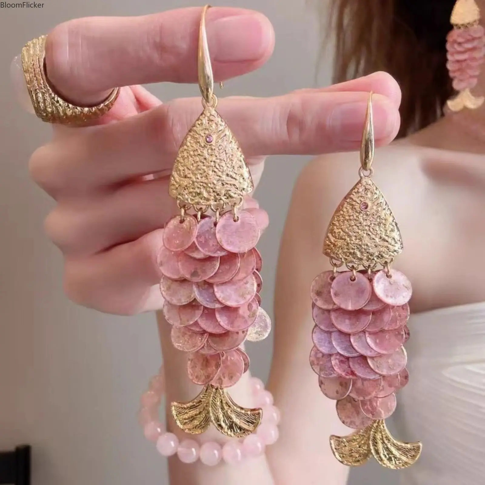 Vintage Royal Style Pink Shell Fish Jewelry Set, Delicate Clavicle Necklace & Unique Matching Drop Earrings, Cute Ocean Themed Accessories, Lightweight Trendy Necklaces Perfect For Summer Beach Vacations, Seaside Shoots And Daily Holiday Outfit Styling