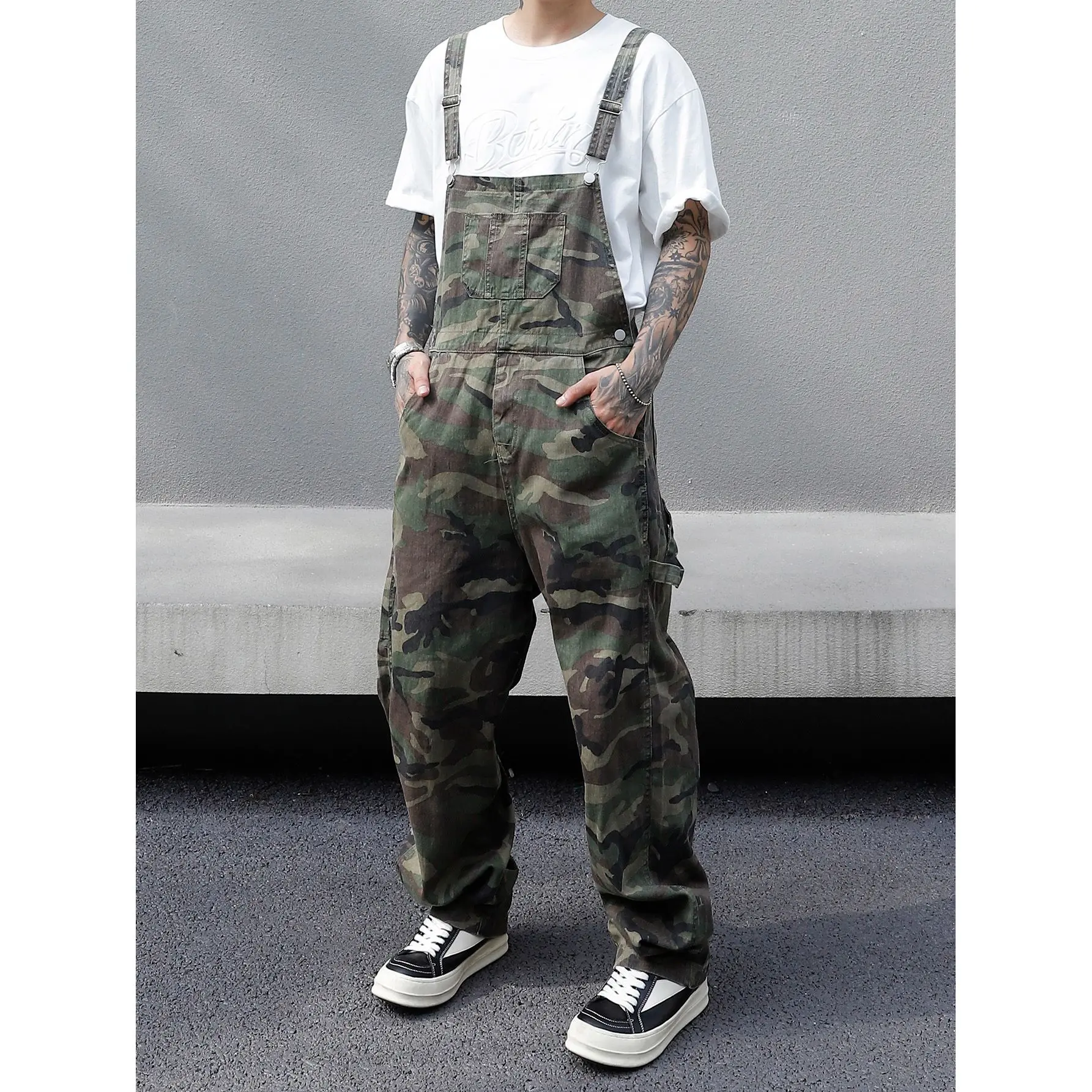 Men's 100% Pure Cotton Oversize Baggy Cargo Suspender Overalls Pants - Retro Camo Graphic, Vintage Washed Denim, Soft Breathable Fabric, Stylish Strapped Design, Pockets, Aesthetic, Ideal for Outdoors & Casual Streetwear, Fashion