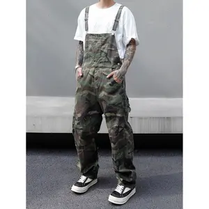 Men's Streetwear Camo Bib Overalls, Vintage-Style Relaxed Fit Pants in 100% Cotton with Adjustable Straps and Cargo Pockets