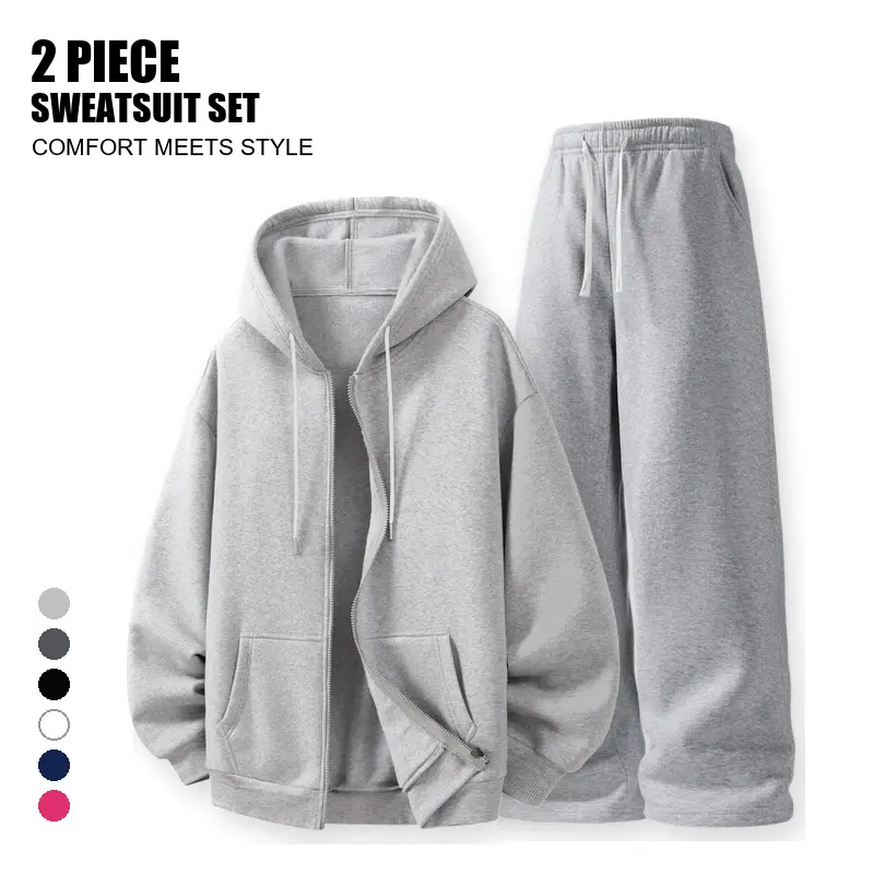 Same-Color 2-Piece Men's Sweatsuit Set, Full-Zip Drawstring Hoodie and Loose-Fit Sweatpants Outfit with Long Sleeves, Elastic Waist and Pockets, Sizes S-XXL, Casual Daily Tracksuit