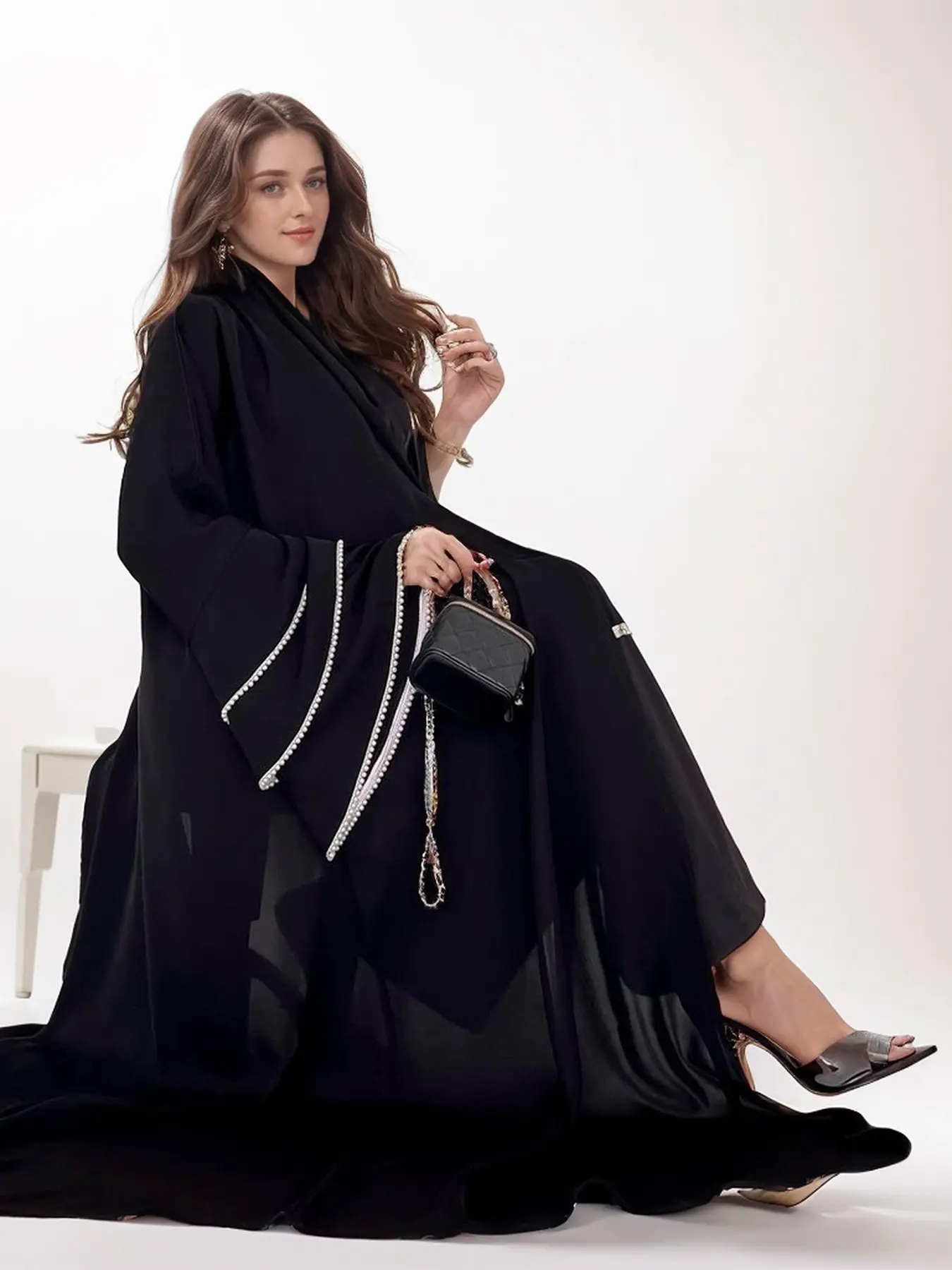 Modest Abaya Open Front Coat, Pearl Trimmed Lotus Bell Sleeve, Elegant Outerwear for Women, Stylish and Comfortable Design