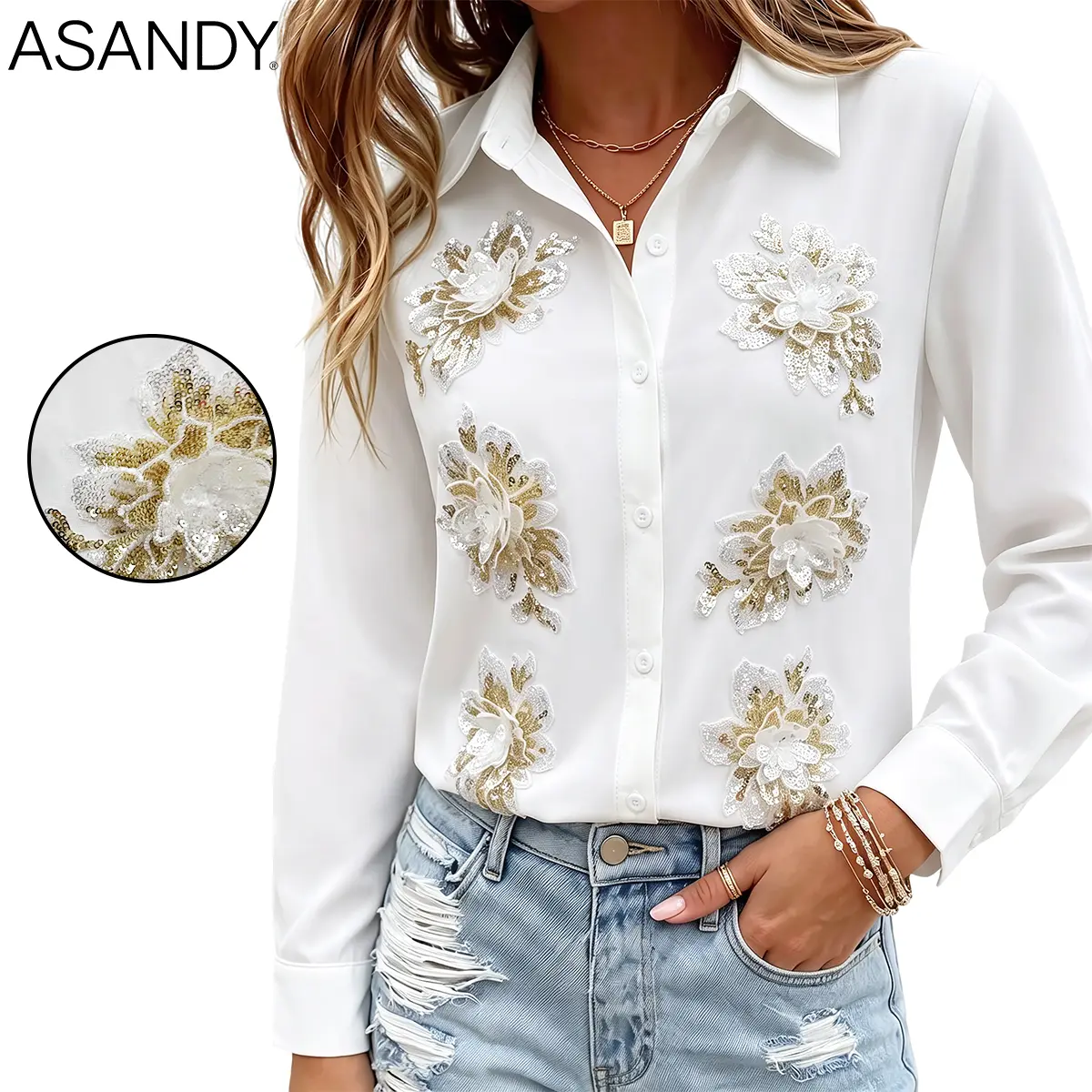 ASANDY White Long Sleeve Button Down Collared Blouse 3D Gold Sequin Floral Applique Embellished Shirt Elegant Luxury Dressy Top Office Wedding Guest Brunch Daily Casual Streetwear Layering Blouse