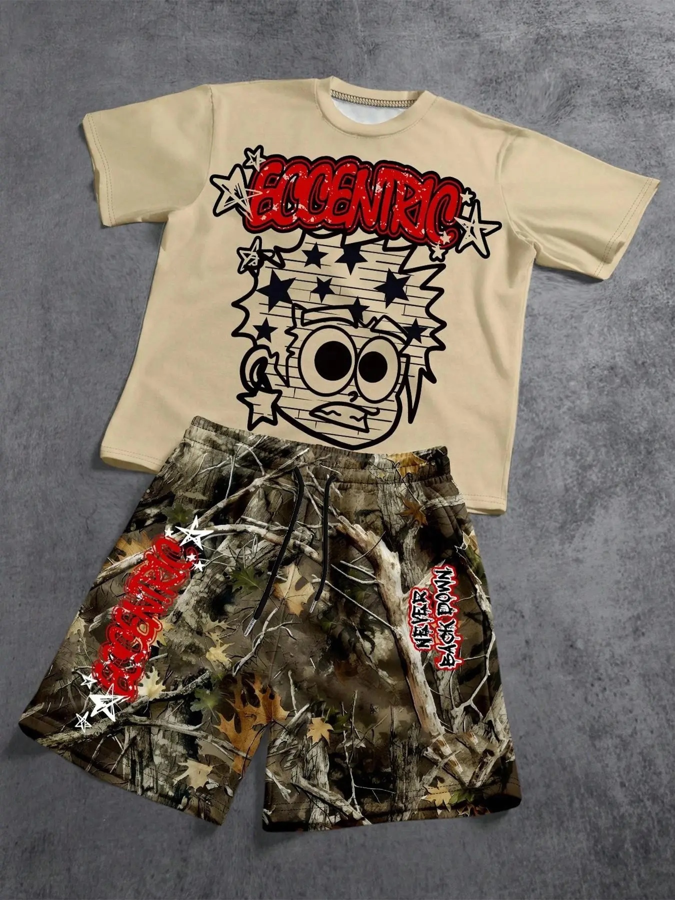 Eccentric American Cartoon Graffiti T-Shirt + Forest Camouflage Shorts, Streetwear Summer for Men, Trendy Casual Fashion Set
