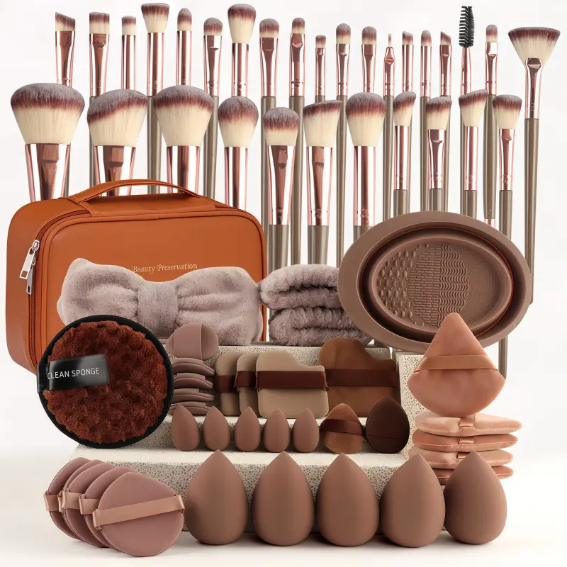 67-piece coffee-colored makeup brush and puff set, face wash puff, makeup sponge, beauty makeup tools, a complete set