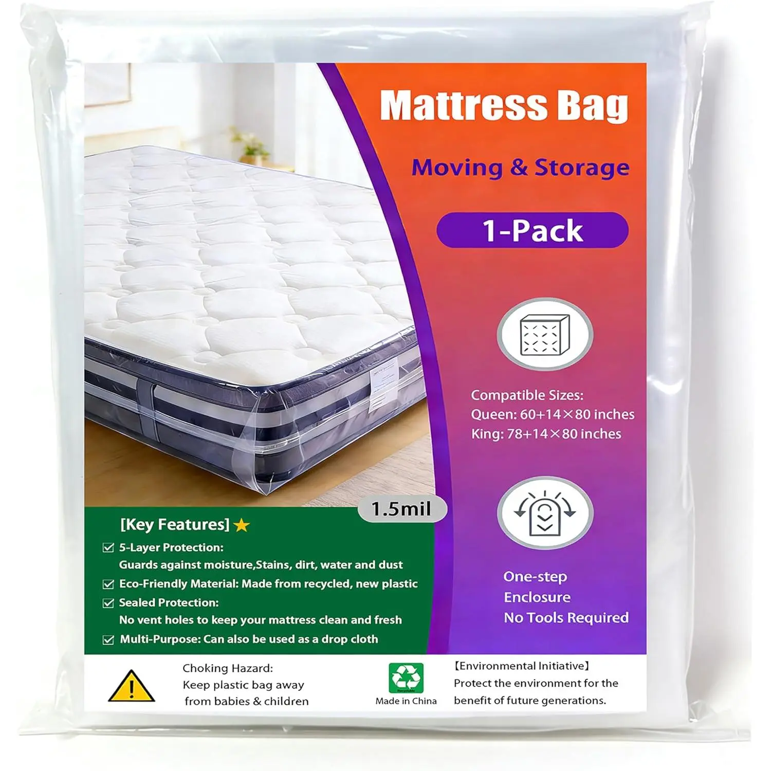 Mattress Bag for Moving and Storage, and  Size,1PK,1.5Mil | mattress bag for disposal,,Mattress Cover Moving Supplies,Product  100"x78"x14"
