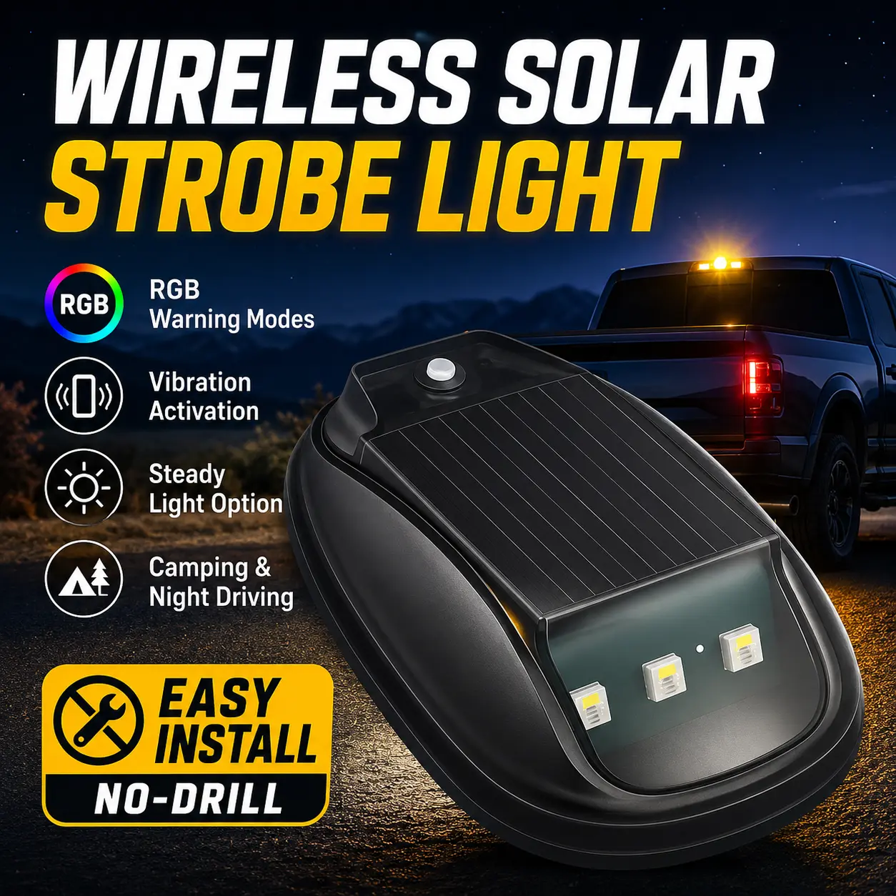 RGB Solar Car Roof Signal Light with Remote Control, Wireless LED Strobe and Constant-On Modes, Vibration-Sensing Warning Lamp for Pickup Trucks, SUVs, Camping, Outdoor Use and Nighttime Visibility