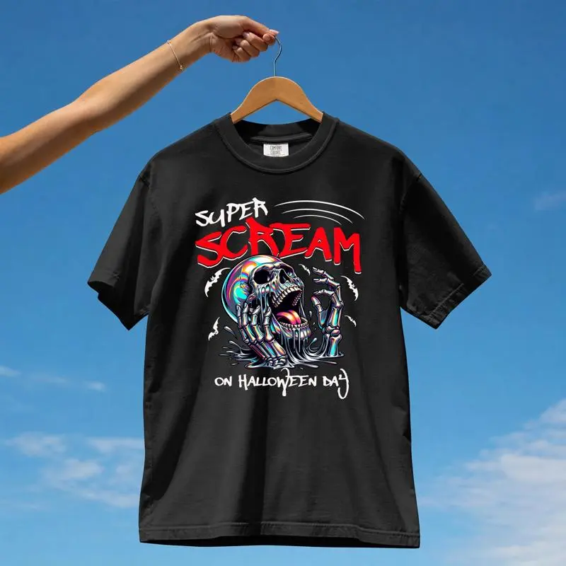 Short Sleeve T-Shirt, Halloween Themed Design With "SUPER SCREAM" Text, Iridescent Skull, Skeletal Hands  Bats Print, Casual Comfortable Top in Multiple Specifications Available, Perfect for Daily Wear and Halloween Themed Occasions #Halloween