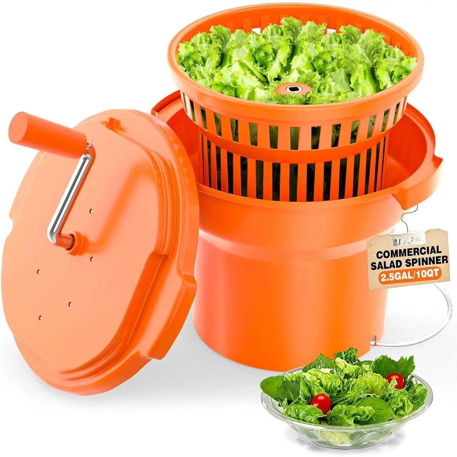 Commercial Salad Spinner - 2.5 Gallon Salad Dryer w/ Handle & Draining Hose, 10Qt Manual Salad Spinner for up to 3 Heads of Lettuce Spinner Large for Catering Kitchen