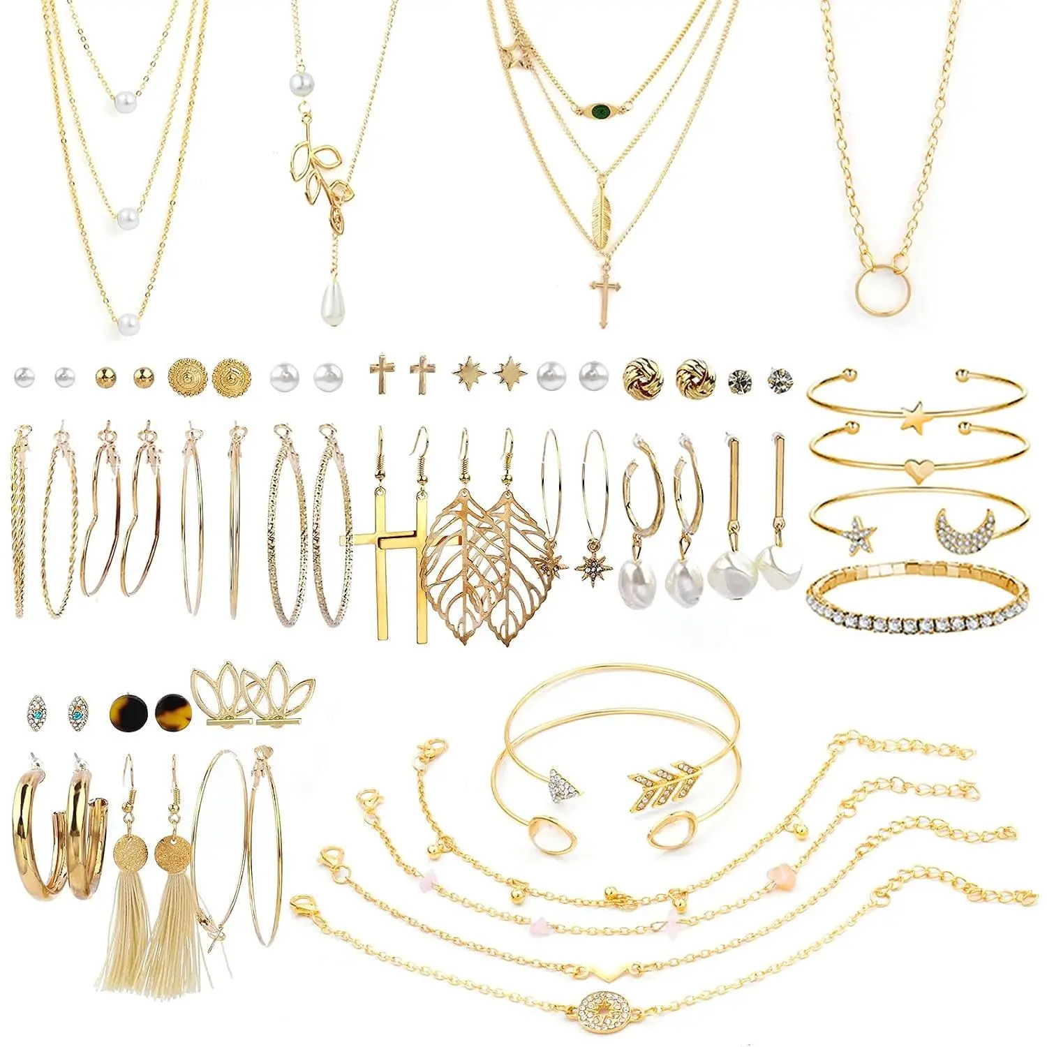 38-52PCS  Set with Necklace Bracelet Layered Ball Dangle Hoop Stud Earrings for Women  Fashion and Valentine Birthday Party