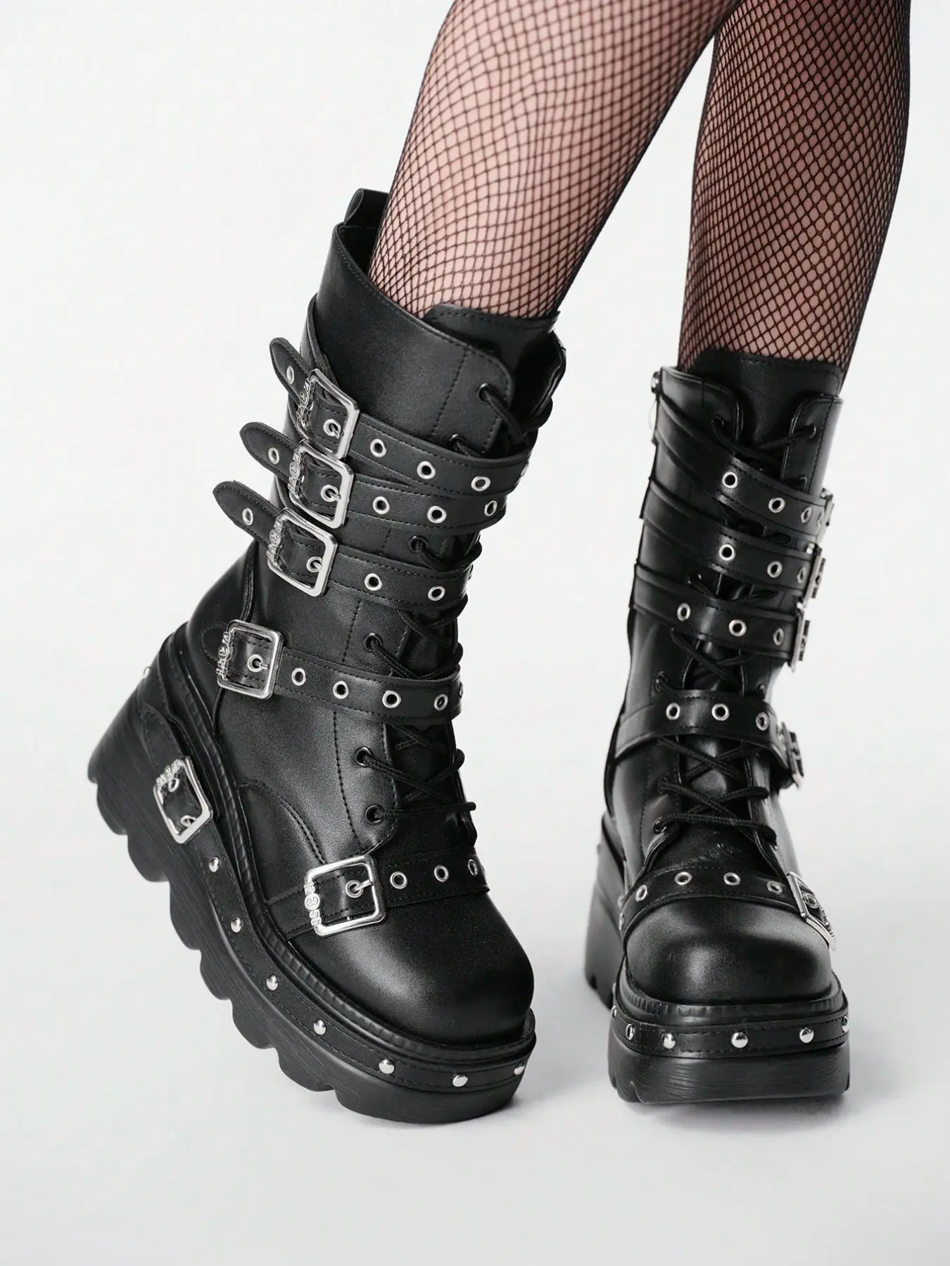 Women's Comfortable Plus Size Round Toe Thick Sole Gothic Punk Style Rivet Eyelet Buckle Fashion Tie Strap Mid-Calf Boots