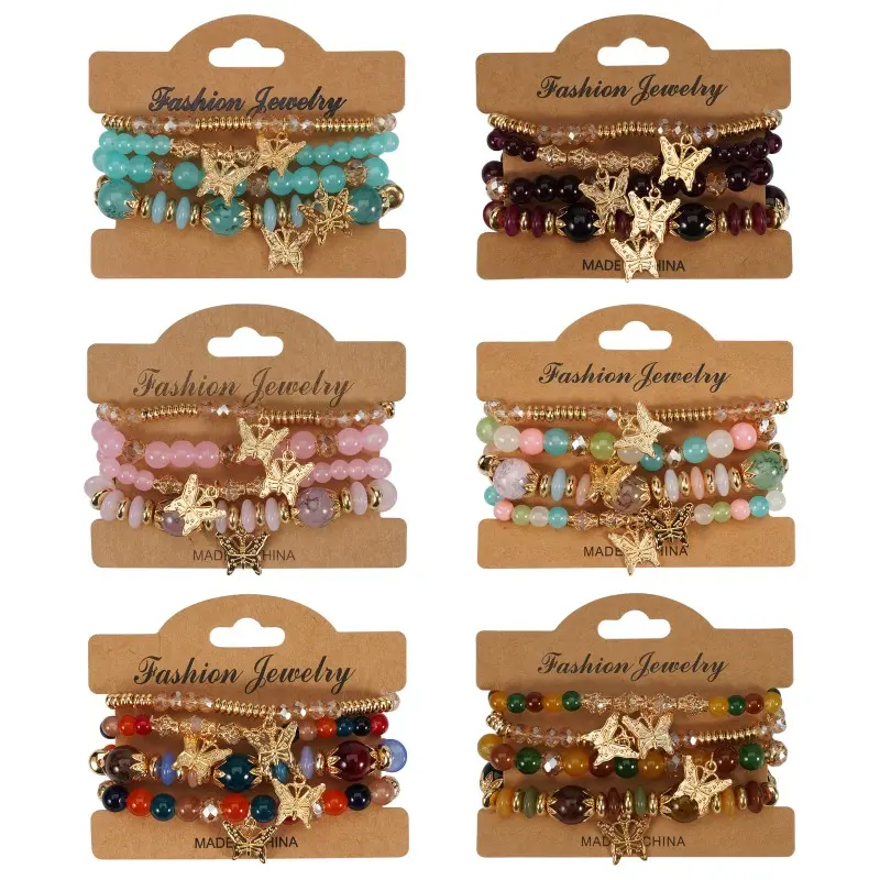 Women's 24Pcs Bohemian Colorful Glass Layered Beaded Bracelets with Zinc Alloy Butterfly Charm - Colorful Bracelets & Bangles, Fairy Metal Butterfly Design for Daily Wear, Vacations, Fairy Metal Butterfly Bracelets & Bangles