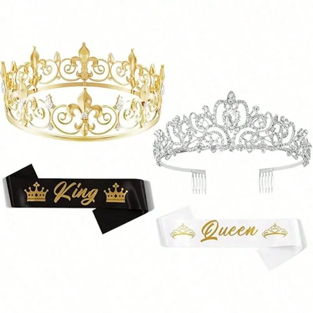 2/4Pcs King Queen Rhinestone Crown Sash Set, Royal Tiara Costume Accessories Birthday Crown And Sash Wedding Birthday Party Decor