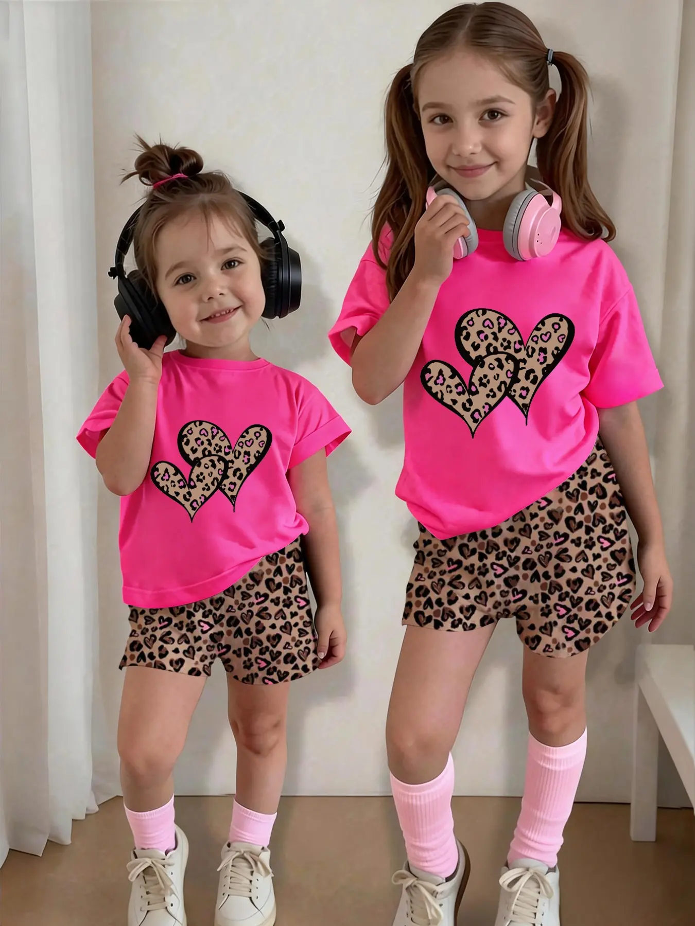 Sweet Cool Style Set for Girls 4-12 Years, Bright Round Neck Short Sleeve with Leopard Heart Print, Breathable Casual Suit, Graphic Print Set, cute sets, Cheetah Girls Outfits