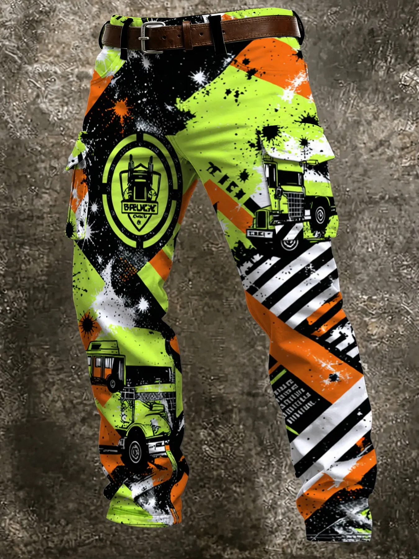 Men's Fluorescent Heavy Truck Graffiti Full Print Work Pants, Slim-Fit Ankle-Length Long Pants with Pockets, Fall & Winter Casual Wear