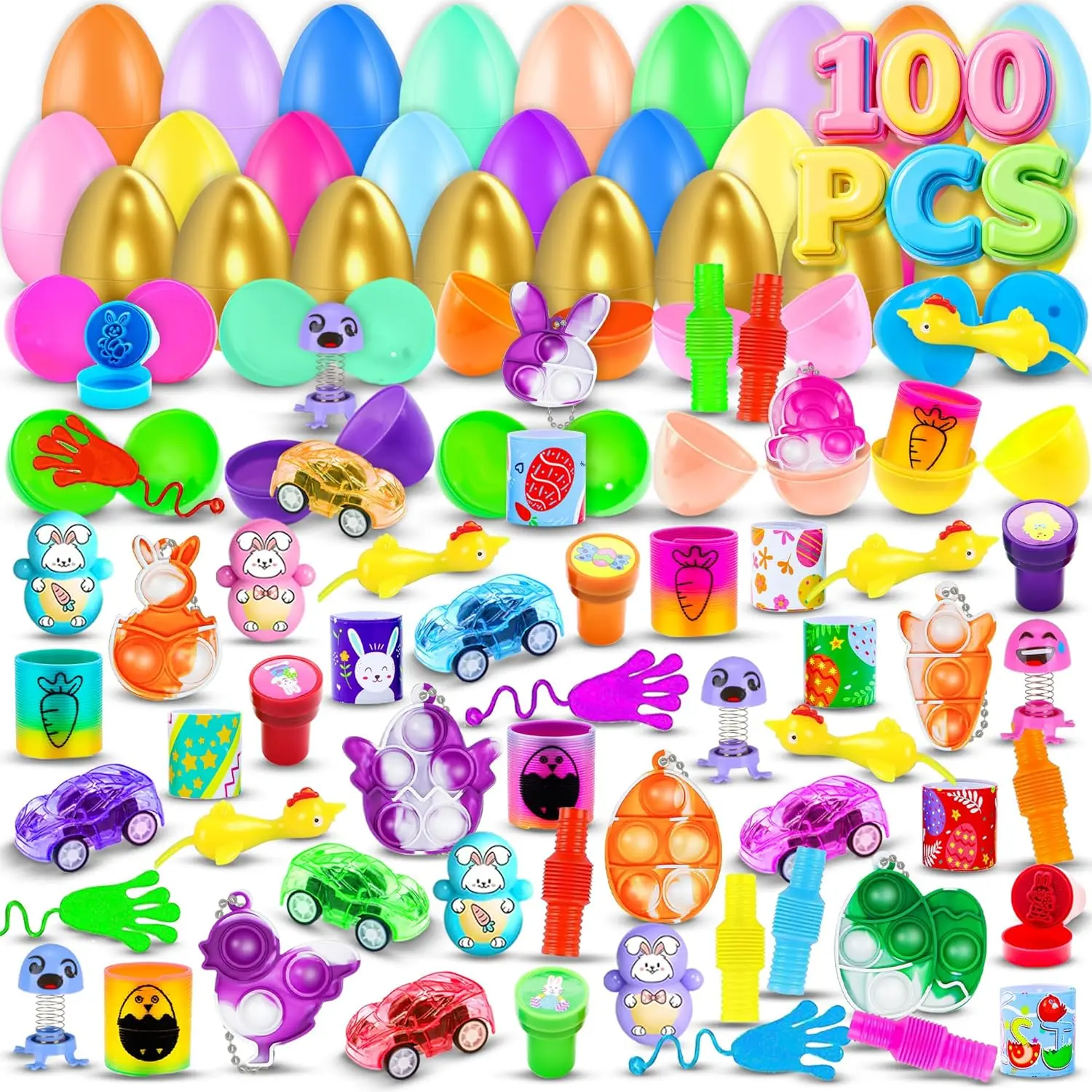 100-Pack Prefilled Easter Eggs with Toys Inside, Custom Treat-Filled Kids' Party Favors, Basket Stuffers & Classroom Prize Supplies, No Warning Applicable