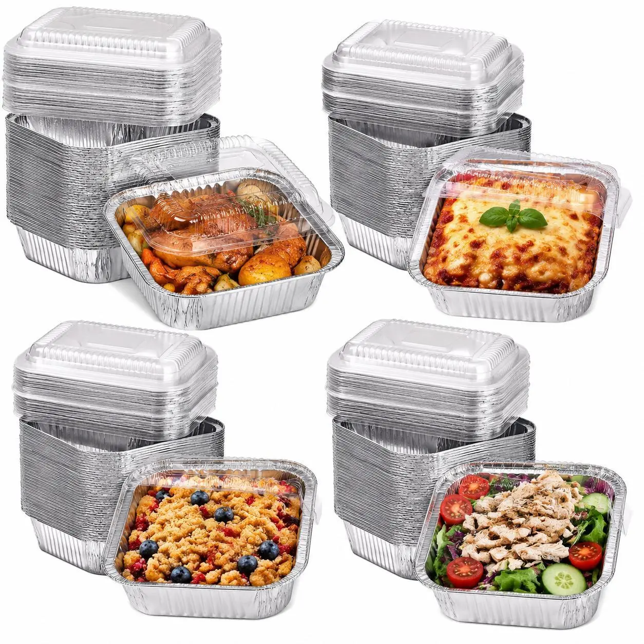30-Pack Durable Disposable Aluminium Foil Containers with Plastic Lids, Rectangular Disposable Pans for Meal Prep, Storage, BBQ & Oven-Freezer Safe Takeaway Food Trays, Leftovers