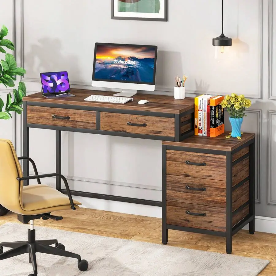 39.37-Inch Rustic Brown Rectangle Industrial Office Desk - 2-Drawer Computer Desk with 3-Drawer Cabinet, Metal Frame, MDF Surface, Reversible Printer Stand, Assembly Required Small Space Workstation