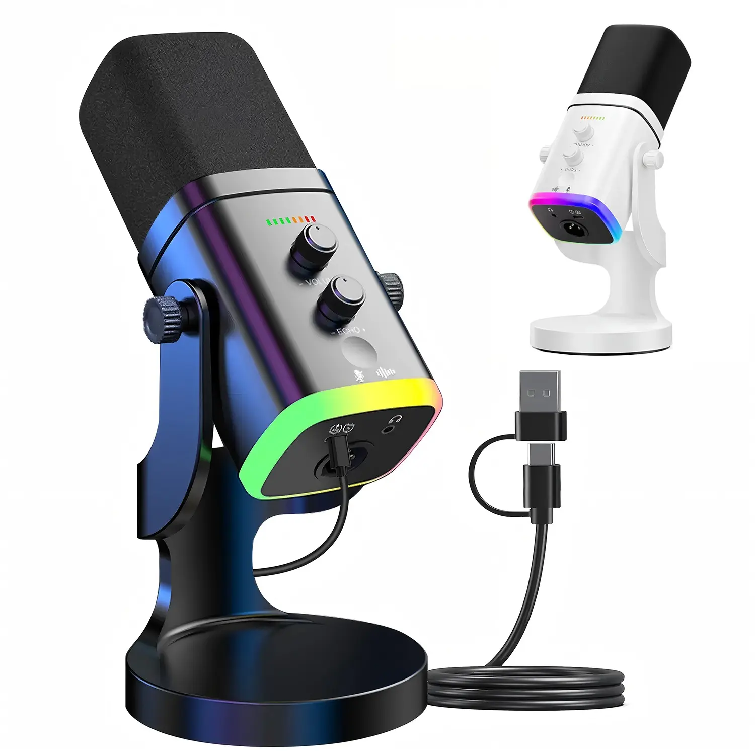 Professional Dynamic RGB Gaming Audio Microphone, USB Streaming Mic with Noise Reduction, Mute Function, Volume Control, Headphone Monitoring for TikTok Live, YouTube, Twitch, Discord & Podcast Recording